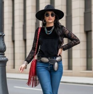 BROADWAY Black Lace Long Sleeve Velvet Top Size XL